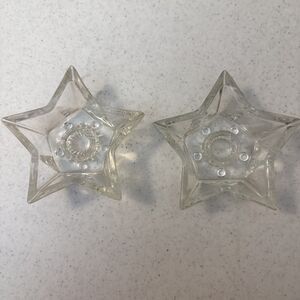 Hazel Atlas Clear Glass Star Candle Holders Vintage Starburst Bottom Set Of 2